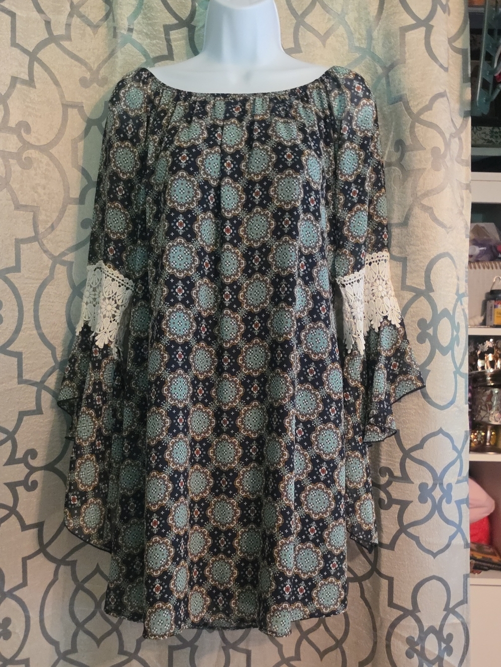 Honeyme Navy & Aqua Boho Medallion Lace-Trim Skirt